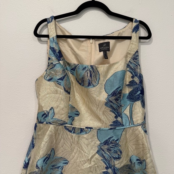 Adrianna Papell Blue Floral Gold Metallic Square Neck Midi Dress 14 - Picture 3 of 6